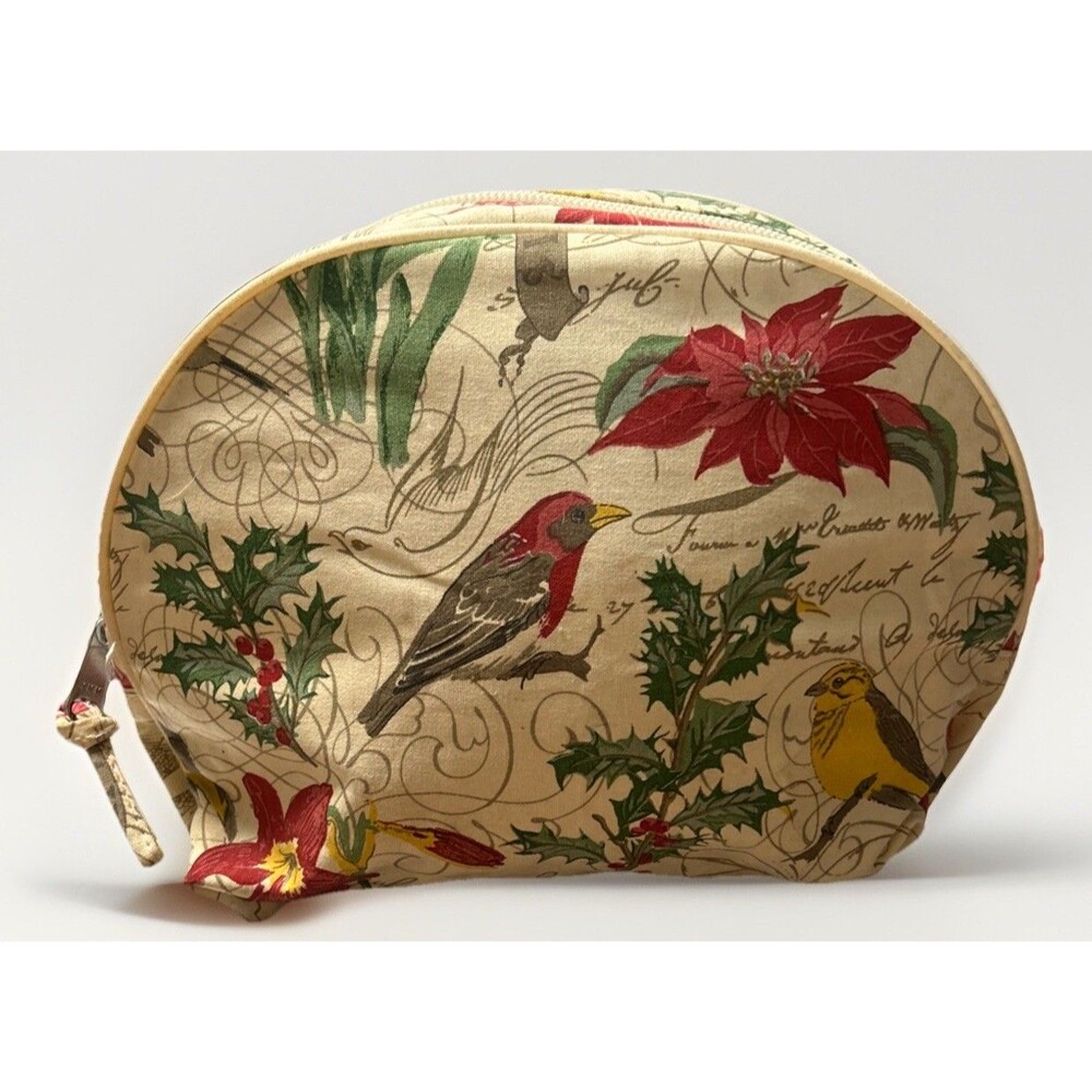 Pottery Barn DECOUPAGE Bird Botanical Amaryllis Holiday Cosmetic Makeup Bag